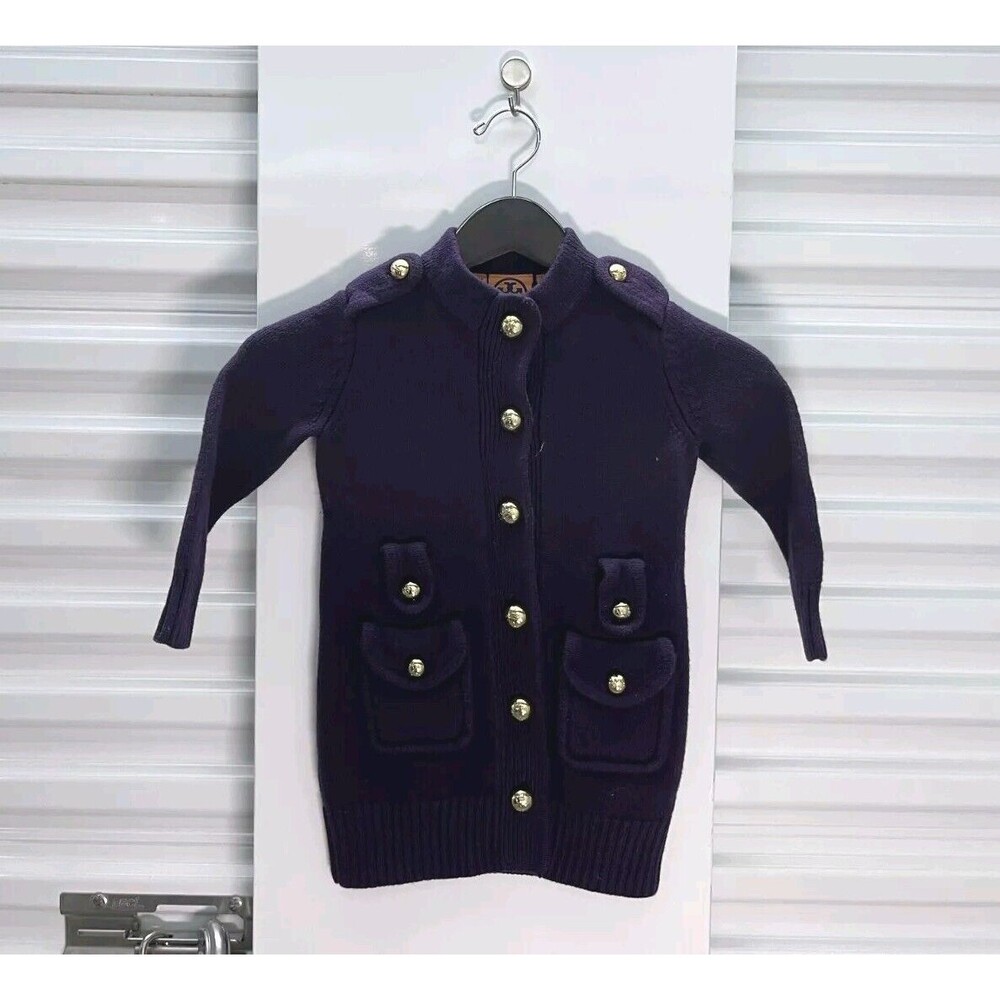 TORY BURCH Girl's Cardigan Sweater Sz Size Small, Golden Belted Buttons Shoulder